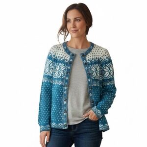 L.L. Bean Teal Cream Knit Fair Isle Button Front Cardigan Sweater Size Small